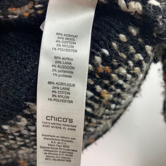 Chicos Wool Blend Fringe Tweed Kinsley Cardigan Sweater M Black Neutral - Picture 10 of 11